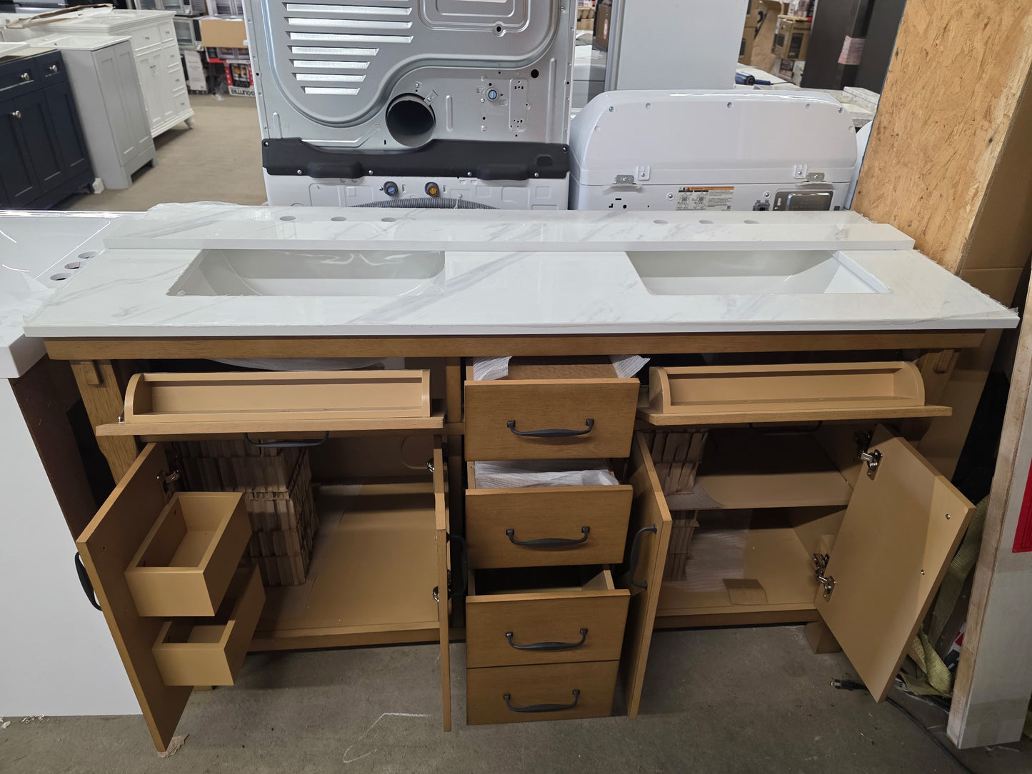 Bellington 60 in. Double Sink Almond Toffee Bath Vanity with White Engineered Stone Top