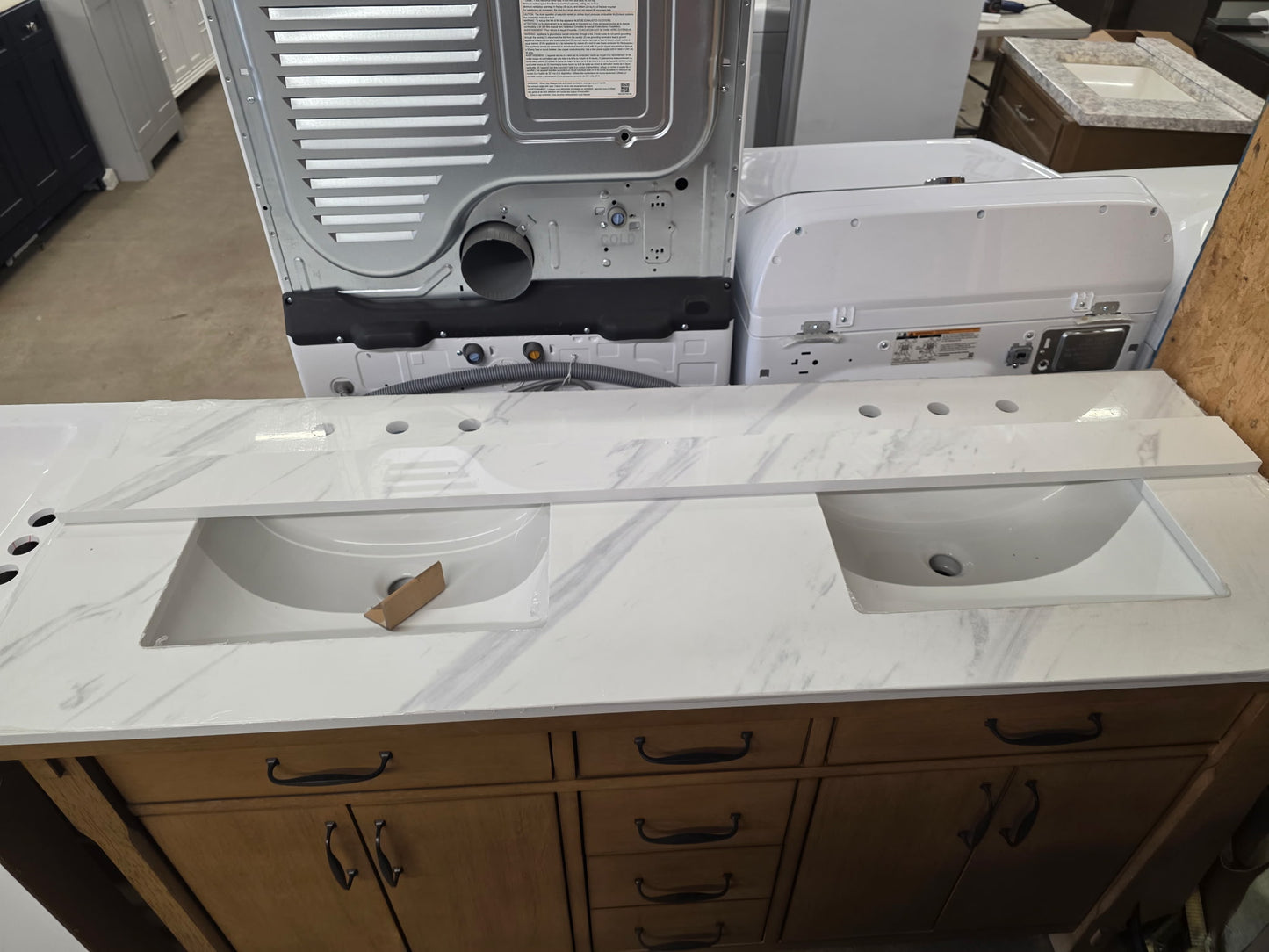 Bellington 60 in. Double Sink Almond Toffee Bath Vanity with White Engineered Stone Top
