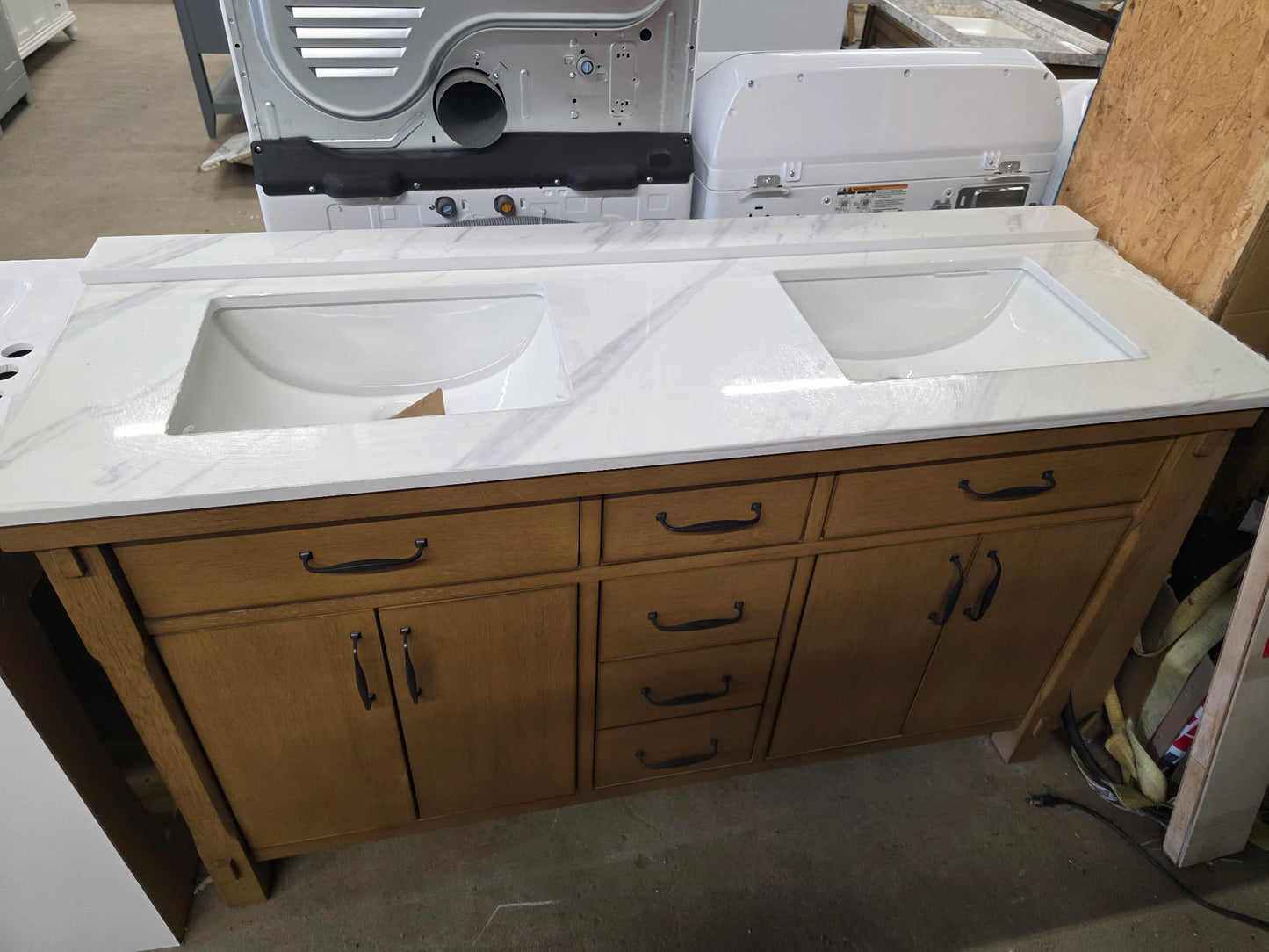 Bellington 60 in. Double Sink Almond Toffee Bath Vanity with White Engineered Stone Top