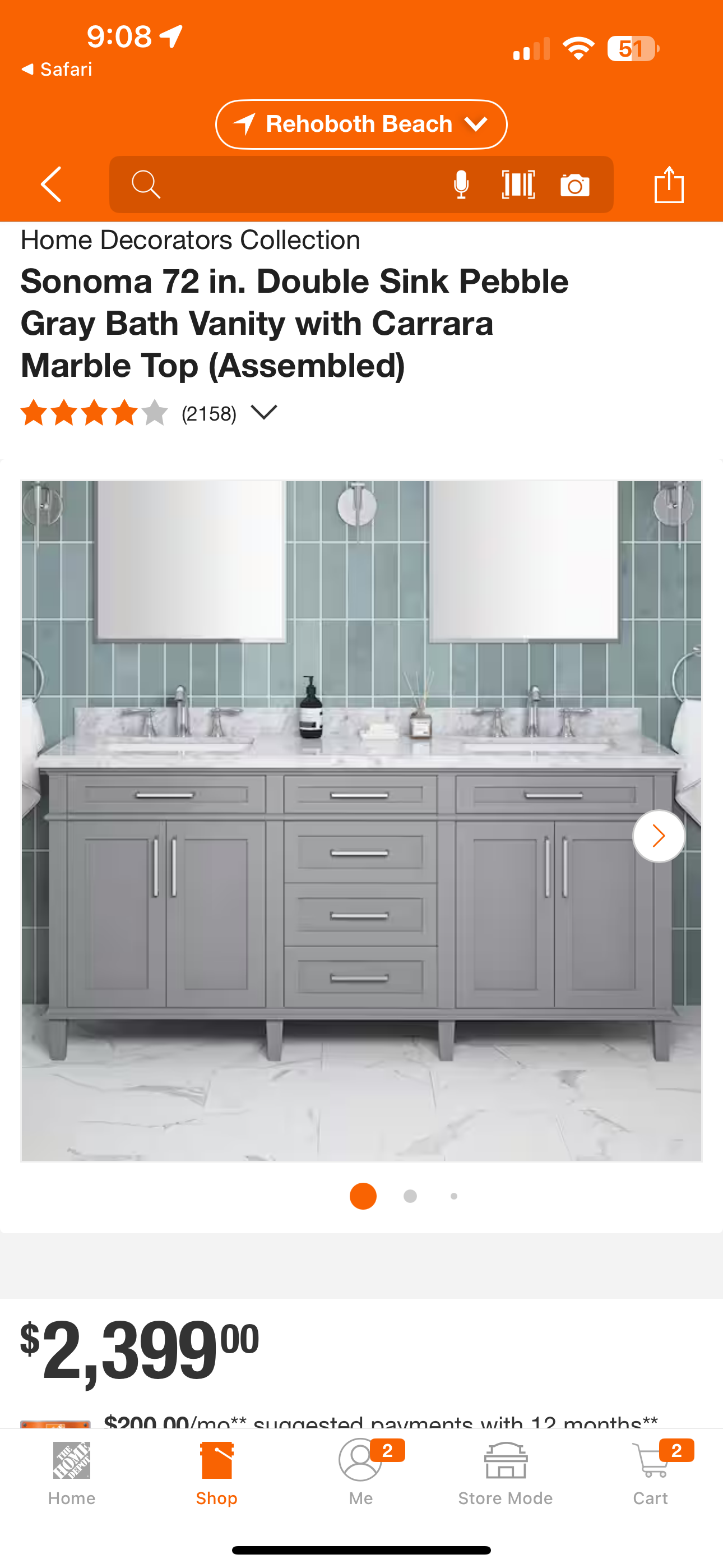 Sonoma 72 in. Double Sink Pebble Gray Bath Vanity with Carrara Marble Top