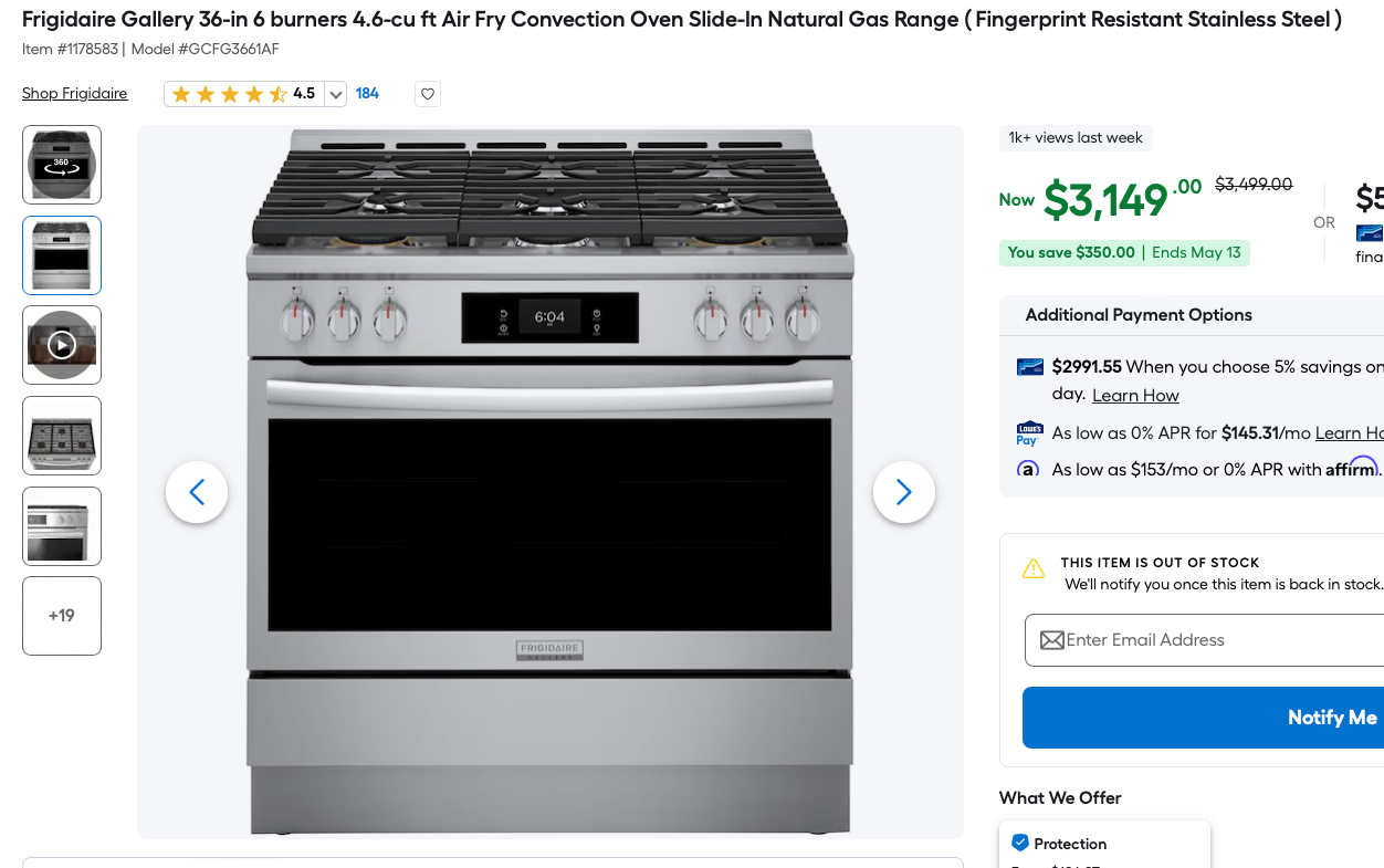 Frigidaire Gallery 36" 6-Burner Slide-In Gas Range with Air Fry Convection, Stainless Steel