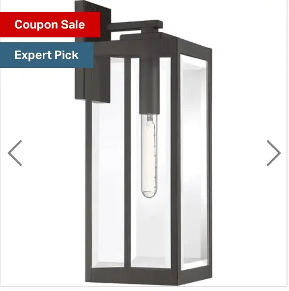 Modern outdoor wall lantern with clear glass panels and black metal frame, coupon sale label
