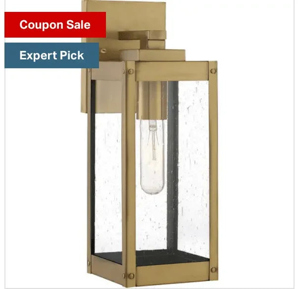 Modern brass outdoor wall light fixture with clear glass and visible bulb, coupon sale.
