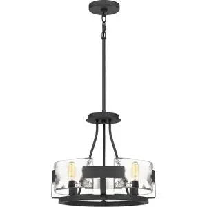 Modern black metal and glass chandelier with exposed bulbs, ideal for home lighting decor.