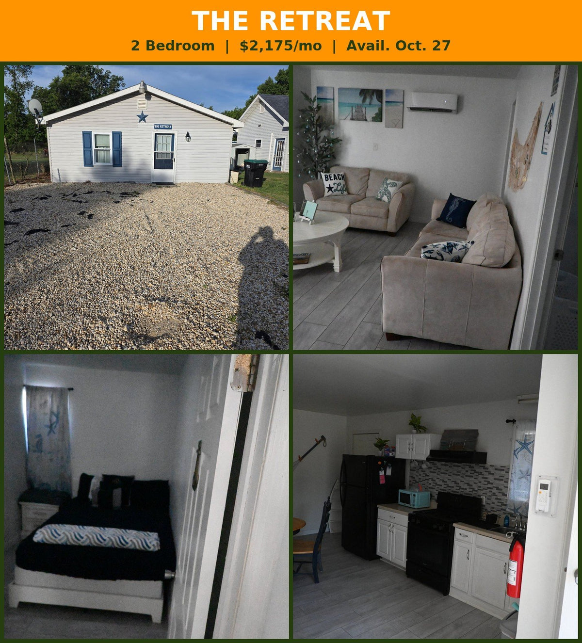 The Retreat - furnished 2-bedroom rental in Dagsboro, DE: exterior, living room, bedroom, and kitchen