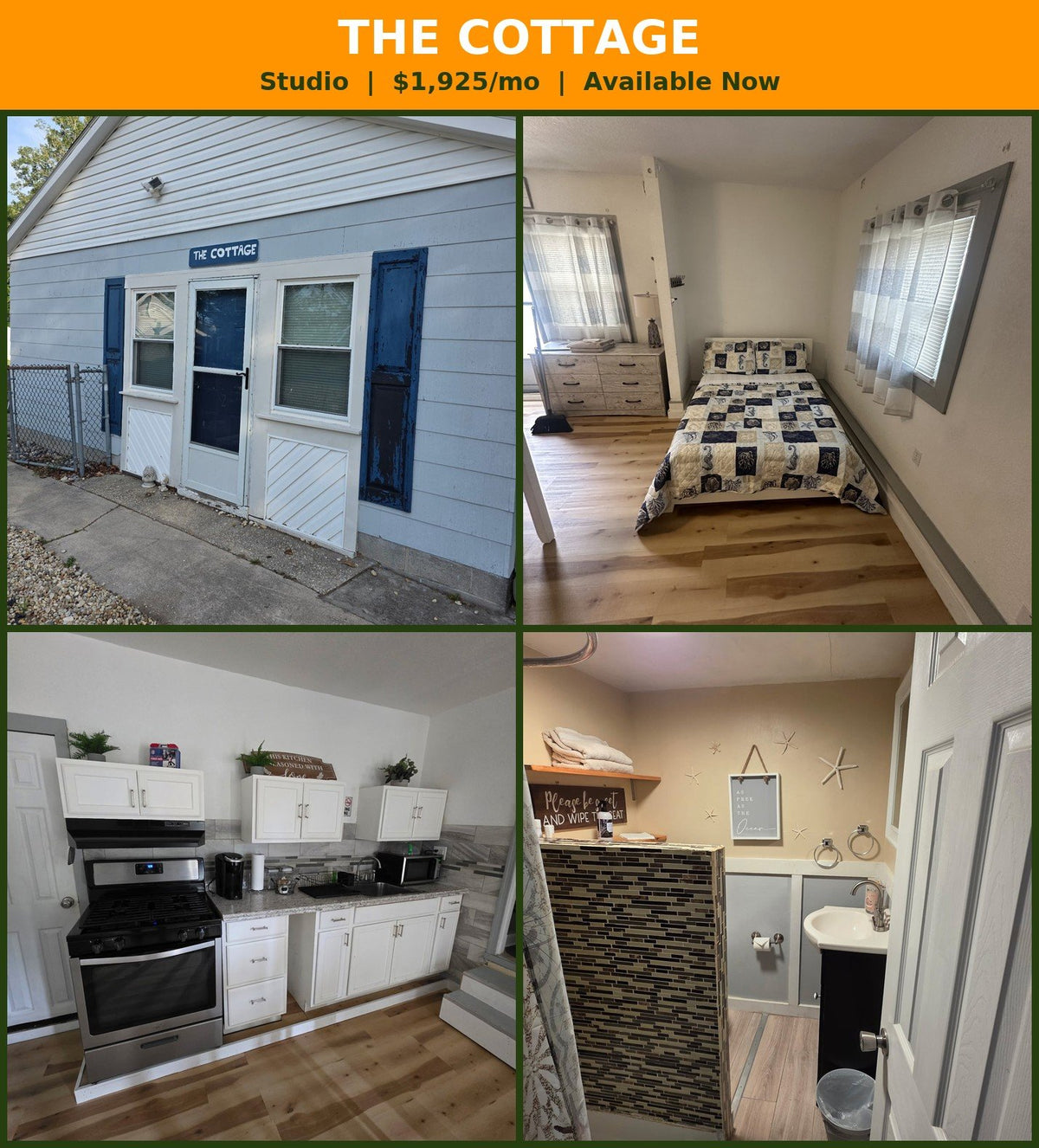 The Cottage - furnished studio in Dagsboro, DE: exterior, sleeping area, kitchen, and bathroom