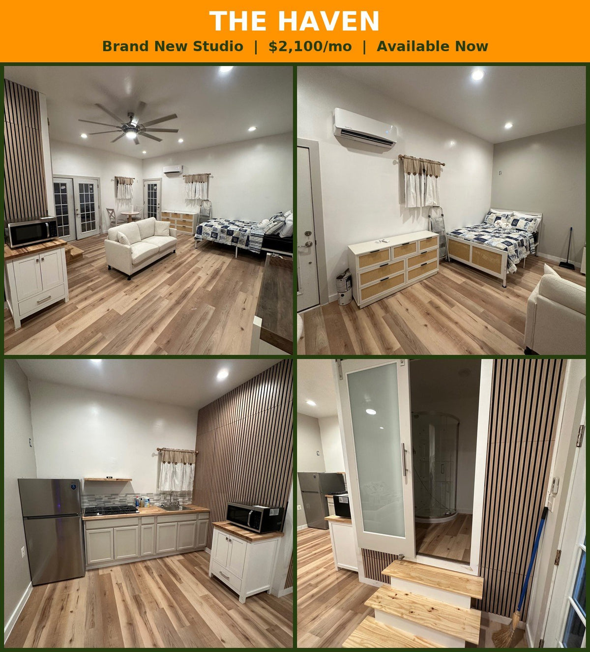 The Haven - brand new furnished studio in Dagsboro, DE: living and sleeping area, kitchenette, and bathroom