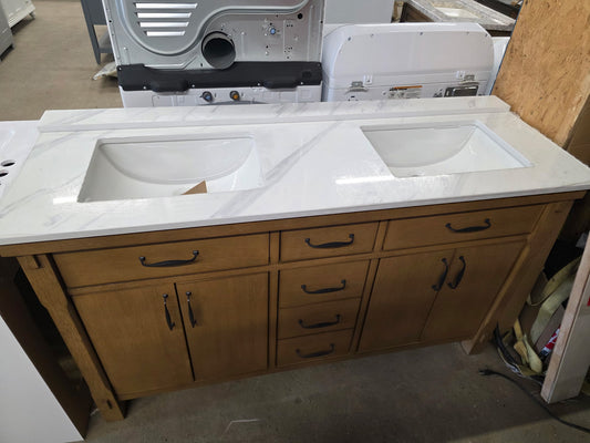 Bellington 60 in. Double Sink Almond Toffee Bath Vanity with White Engineered Stone Top