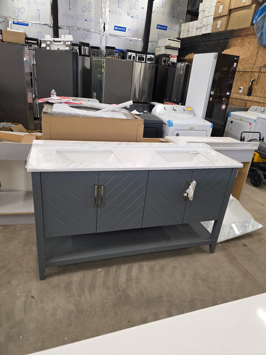 Baybarn 60 in. Double Sink Blue Ash Bath Vanity with White Engineered Carrara Top