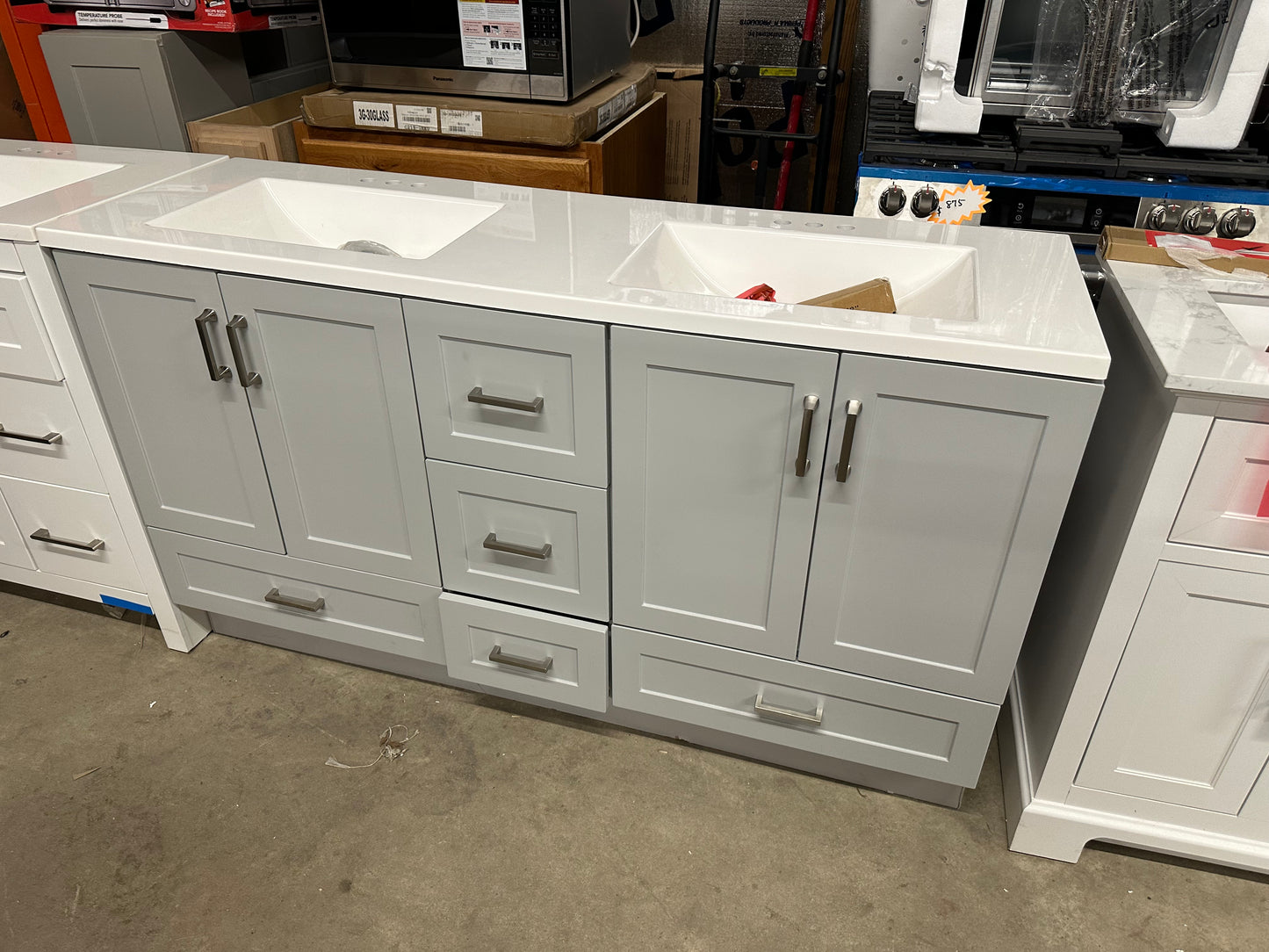 Double Bath Vanity in Gray with Cultured Marble Vanity Top in White with White Basins