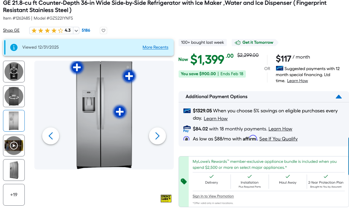 GE 21.8-cu ft Counter-Depth 36-in Wide Side-by-Side Refrigerator