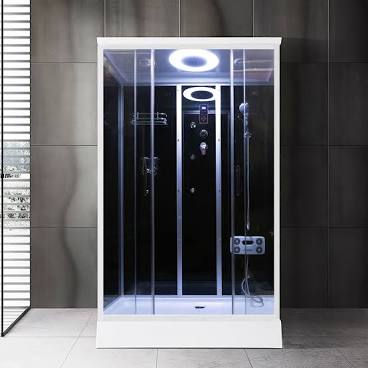 Lavish 33-1/2 in. L x 59 in. W x 87 Shower Stall Kit in Black and Chrome with Easy Fit Drai