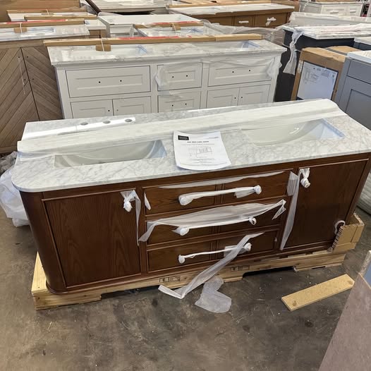 60 in. Double Sink Cinnamon Oak Bath Vanity with White Carrara Marble Top with Faucet sets